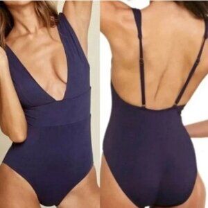 NWT Andie The Sardinia One Piece Swimsuit M Navy Vneck Flat